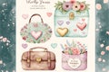 Create a set of vintage, charming, and kawaii watercolor clip art having a Valentine\'s Day theme.